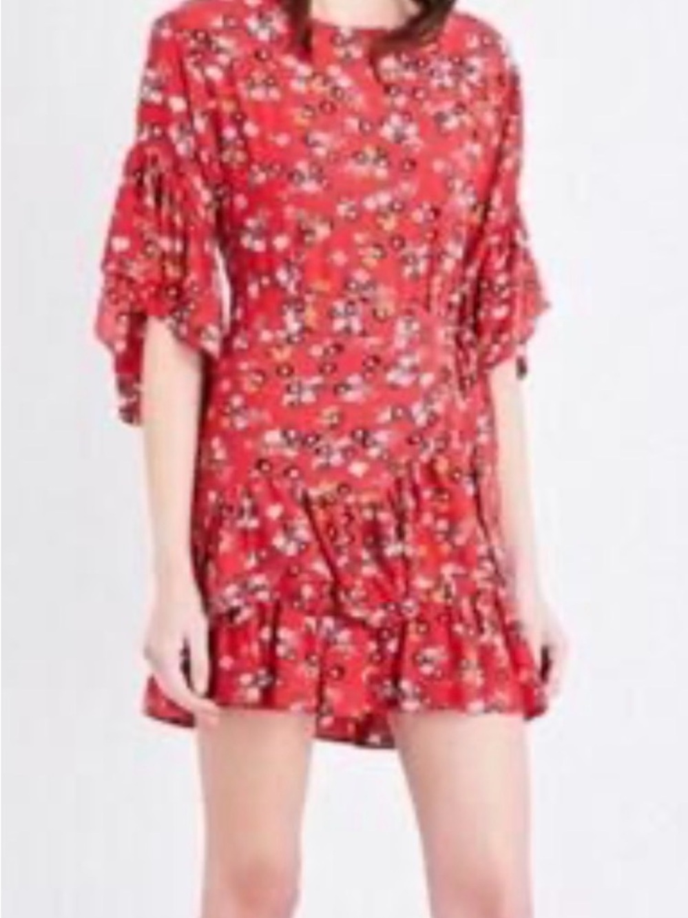Maje Floral Ruffle Sleeve Red Mini Dress